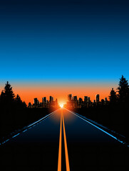 Highway leading to the city horizon at sunset