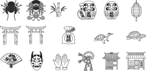 Traditional Japanese cultural symbols, samurai helmet, daruma doll, torii gate, crane, turtle, lantern, mask, fan, architecture, vector illustration
