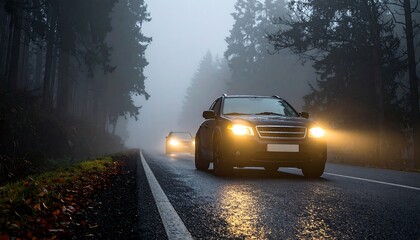 Two cars with bright headlights driving down a wet asphalt road through a misty forest with tall trees