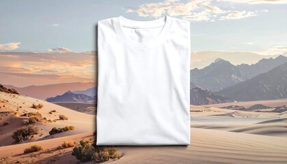 White T-Shirt Mockup on Desert Landscape Background.