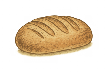 Loaf of artisan bread with crisp crust and scoring marks, hand-drawn in a retro engraving style on a transparent background