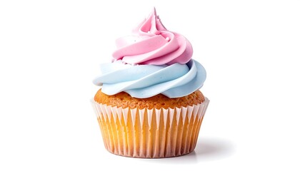 Delicious cupcake with pink and blue frosting on white background.