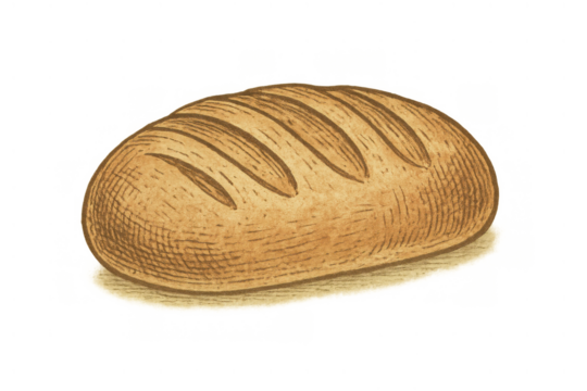 Loaf of artisan bread with crisp crust and scoring marks, hand-drawn in a retro engraving style on a transparent background