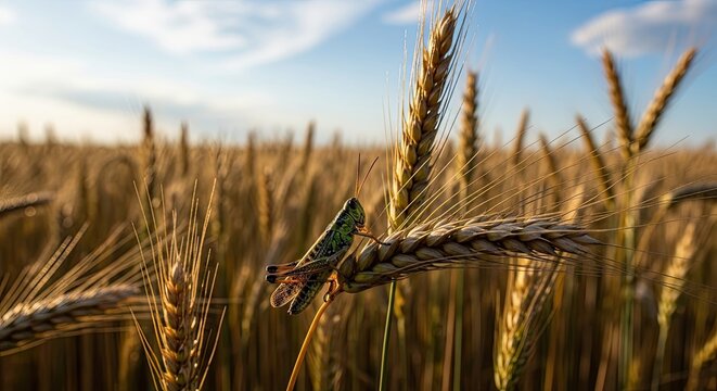 Golden wheat field under a bright blue sky, summer harvest.