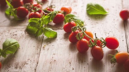 Cherry tomatoes with basil leaves on rustic wooden surface. Generative AI