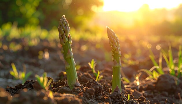 Two asparagus stalks emerge from dark soil, bathed in the warm glow of a setting sun. Shallow depth of field, evoking natural simplicity