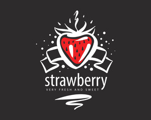 Hand-drawn vector strawberry logo on black background