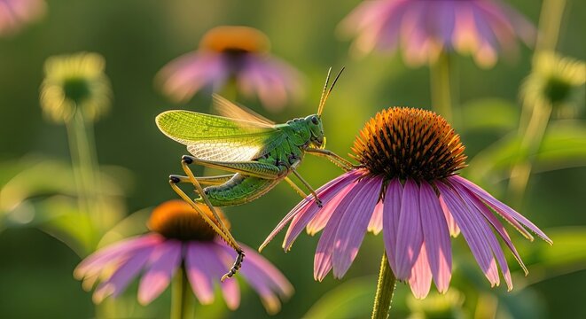 Grasshopper Perched on Purple Coneflower in a Sunny Garden.