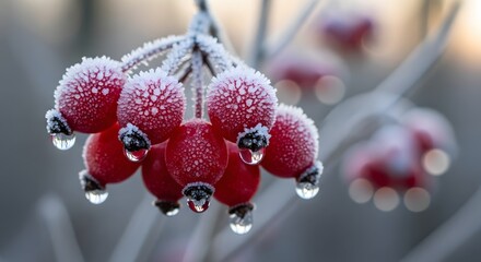 Red berries covered with frost on winter morning