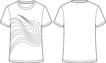 CAD drawing flat vector illustration, abstract line graphic t-shirt front back view, fashion garment design template, clothing outline apparel sketch