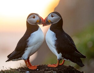 Two Atlantic puffins, perched closely, touch beaks. The sunset bathes the scene in a warm glow. Their vibrant beaks contrast with the plumage