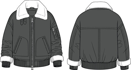 Cad drawing flat vector illustration of bomber jacket technical fashion design shearling collar ribbed cuffs zipper pockets garment construction sketch