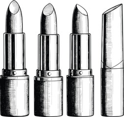 Cad drawing flat vector illustration of realistic lipstick set, beauty cosmetic sketch, makeup product design, fashion accessory artwork