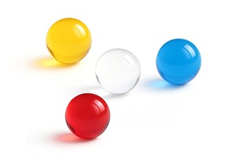 Minimalist composition of primary colours featuring several glossy glass spheres  arranged on a pure white surface