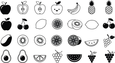 Black and white fruit grid illustration, cartoon vector fruits, sliced and whole, playful design, healthy food icons, CAD drawing flat vector illustration