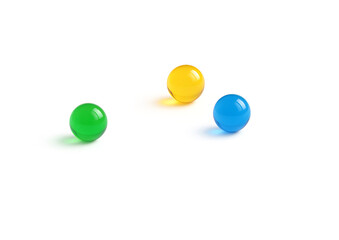 Minimalist composition featuring several glossy glass spheres  arranged on a pure white surface