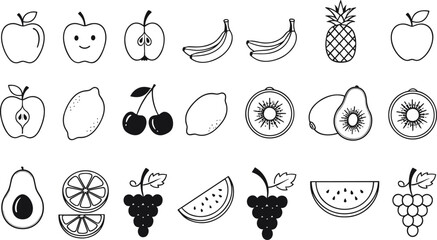 Black and white fruit illustrations, apple banana pineapple kiwi avocado orange grapes watermelon lemon peach cherry, cartoon vector drawing flat design