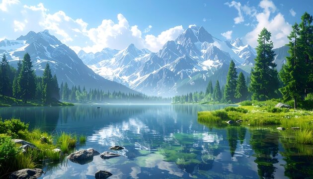 Tranquil scene of a pristine lake reflecting snow-capped mountains under a vibrant blue sky. Verdant forests surround the water's edge