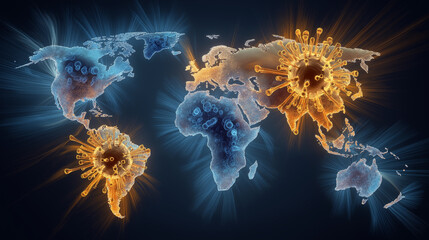 Illustration of virus spread map across the world, glowing continents, pandemic concept