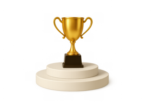 Golden trophy cup standing on a white podium, symbolizing success, victory, award, first place championship