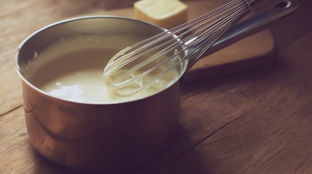 Creamy bechamel sauce in saucepan with whisk on wooden table. Generative AI
