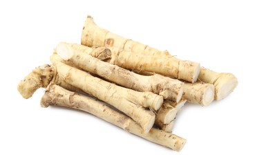 Pile of fresh horseradish roots isolated on white