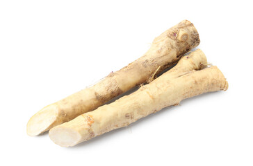 Two fresh horseradish roots isolated on white