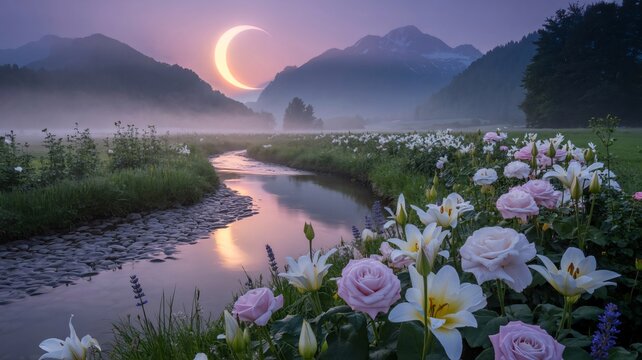 Enchanting valley with a crescent moon and blooming flowers at twilight landscape nature