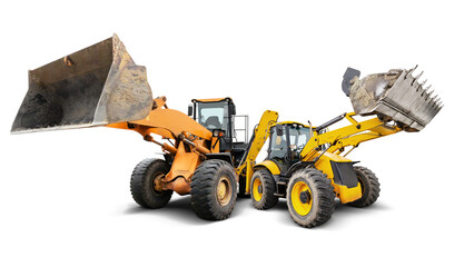 Two powerful construction machines, a loader and a versatile excavator, stand side by side, embodying the essence of engineering and hard work in a brightly lit and clean space.