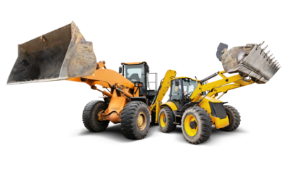 Two powerful construction machines, a loader and a versatile excavator, stand side by side, embodying the essence of engineering and hard work in a brightly lit and clean space.
