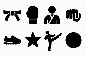 Martial arts icons: belt, gloves, fighter, fist, shoe, star, kick, circle