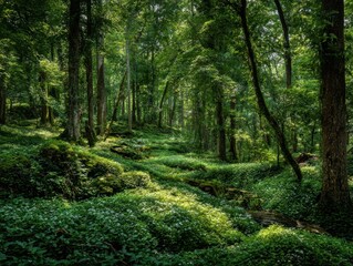 Fototapeta premium Natural Beauty Forest Sunlight Woodland Scene Vibrant Green Foliage Lush Undergrowth Serene Wildwood Environment Tranquil Outdoor Landscape Sun Dappled Trees Summer Day