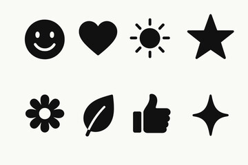 Collection of black icon set featuring smile, heart, sun, star, flower, leaf, thumbs up, and sparkle