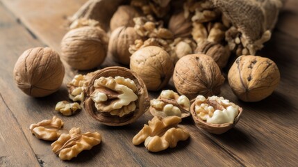 Walnuts and walnut kernels on rustic wooden table. Generative AI