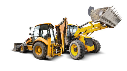 Two general purpose backhoe loaders stand next to each other, ready to work, on a clean isolated...