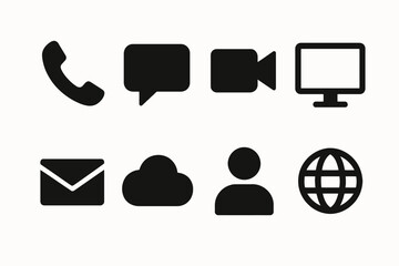 Communication and technology icons: phone, chat, video, computer, mail, cloud, person, globe