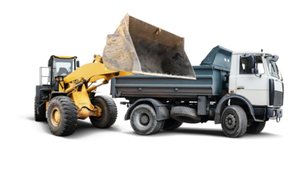 A yellow loader lifts dirt from a gray dump truck, showcasing teamwork between heavy machinery in a construction setting with a clean background.
