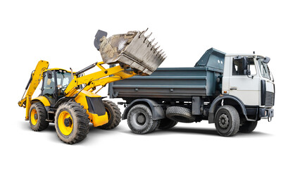 A yellow loader lifts dirt from the ground, ready to drop it into a waiting gray dump truck on a clear, isolated background emphasizing the machinery.