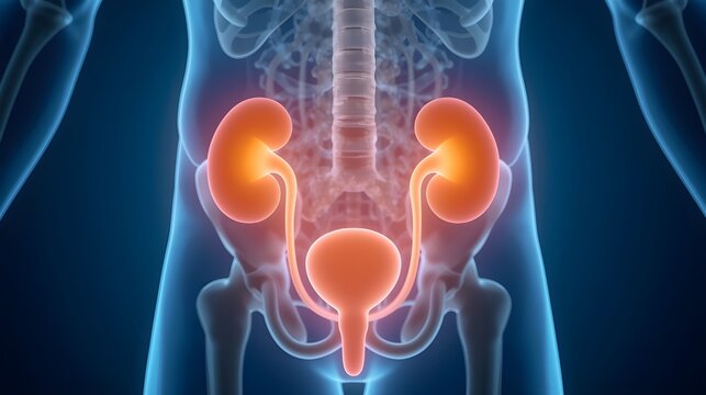 3D medical illustration showing human kidneys and urinary system glowing in blue and red tones, ideal for health, urology, and anatomy topics.