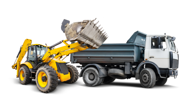 A yellow loader lifts dirt from the ground, ready to drop it into a waiting gray dump truck on a clear, isolated background emphasizing the machinery.