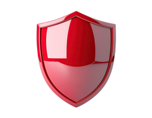 Shiny Red Shield With Metallic Red Border Isolated On Black Background With Soft Studio Lighting Reflecting White Squares On Surface