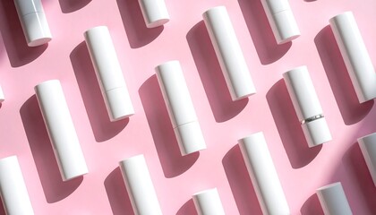 Top-down shot of numerous cylindrical tubes arranged diagonally on a pink backdrop, casting long shadows, evoking a sense of pattern and repetition