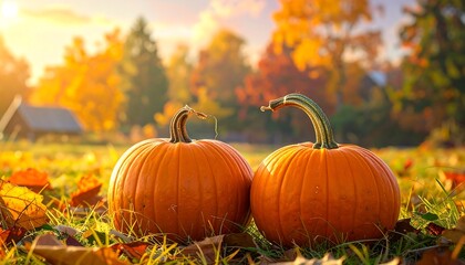 Two pumpkins in a field of autumn leaves at sunset.