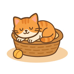 Cute kawaii sleeping cat in basket illustration in pastel colors