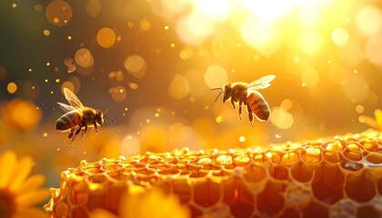 Two flying insects hover above a golden honeycomb with yellow flowers. Sunlight bathes the scene in a warm, glowing ambiance