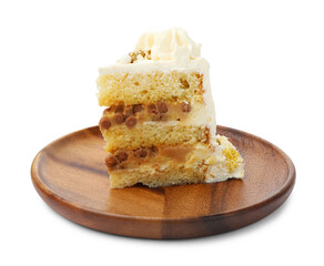Piece of delicious cake with caramel and nuts isolated on white