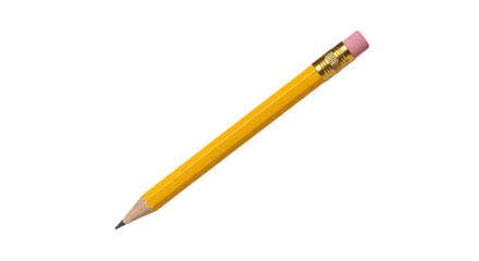 Yellow wooden pencil with pink eraser and gold ferrule angled diagonally, cutout, PNG isolated on white or transparent background