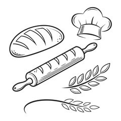 Detailed illustration of baking tools including a loaf of bread, rolling pin, wheat stalk, and chefs hat, perfect for culinarythemed designs © Mamun