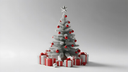Christmas Tree, Gift Boxes, Festive Decorations, Holiday Scene, Red Ornaments, Star Topper