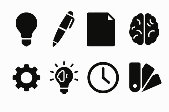 Set of black icons: lightbulb, pen, paper, brain, gear, lightbulb idea, clock, swatches